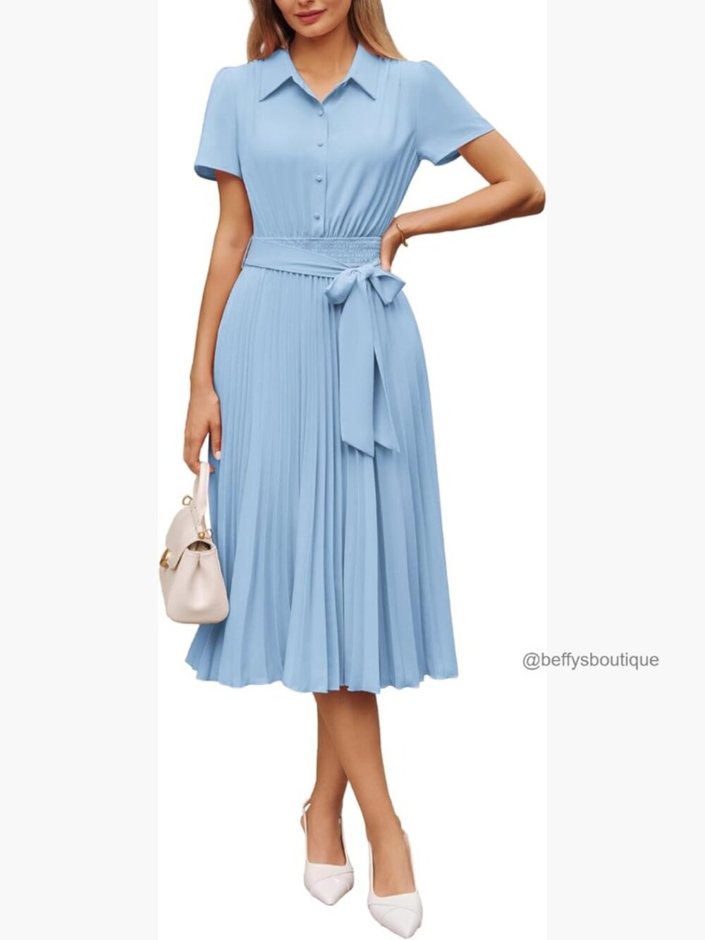 Summer Midi Work Dress Short Sleeve Button Shirt Dresses A Line Pleated Belt
